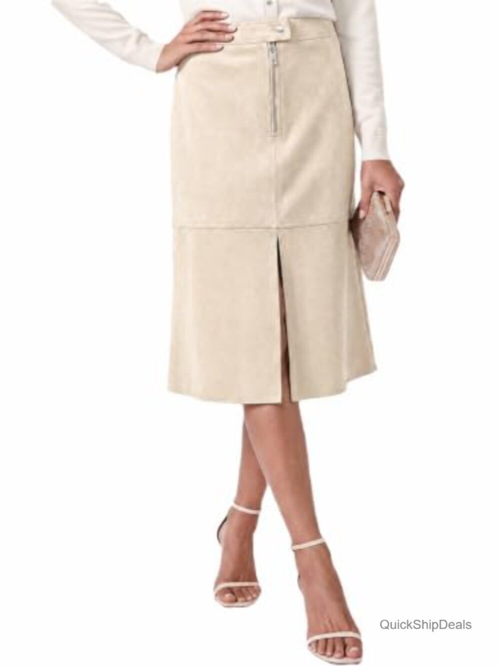 Faux Suede Midi Skirt High Waist A Line Slit Front Zip Women's